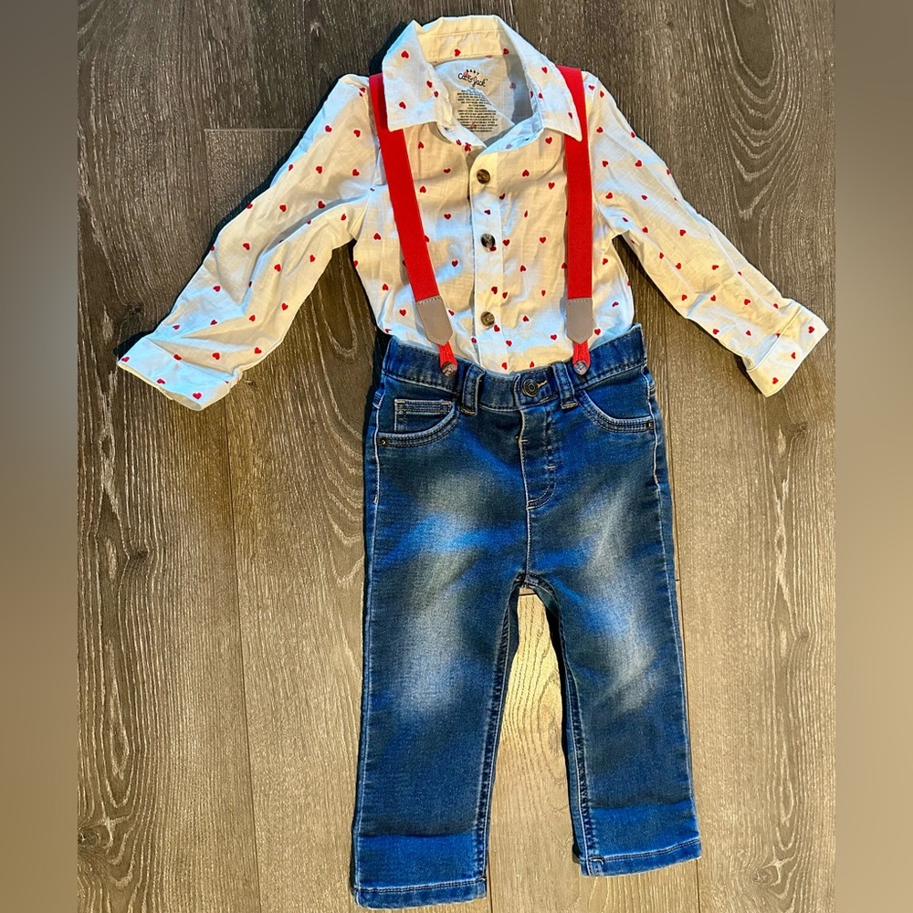Cat & Jack Red Suspenders w/ Heart Shirt Baby Valentines Day Outfit
